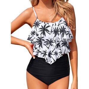 Women’s Palm Tree Ruffle Tankini Swimsuit High Waist Bikini Set Summer Sz XXL‎
